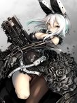  1girl bare_shoulders black_dress black_gloves black_legwear breasts cleavage covered_navel dress elbow_gloves elphelt_valentine erect_nipples girls_frontline gloves gluteal_fold guilty_gear gun highres large_breasts looking_at_viewer solo usuki_(graygreed) weapon white_hair yellow_eyes 