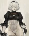  1girl android black_dress black_hairband breasts cleavage_cutout commentary_request dress facing_viewer feather-trimmed_sleeves gloves grey_eyes hairband highleg highleg_leotard highres juliet_sleeves katana leotard long_sleeves looking_at_viewer medium_breasts mole mole_under_mouth nier_(series) nier_automata puffy_sleeves silver_hair standing sword thigh-highs tyawantyawan356 vambraces weapon white_leotard yorha_no._2_type_b 