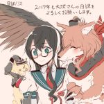  1girl animalization bismarck_(kantai_collection) black_hair blue_eyes bone claws closed_eyes collared_shirt colorized dog glasses headband itomugi-kun kantai_collection long_hair necktie ooyodo_(kantai_collection) saratoga_(kantai_collection) shirt smile translation_request wings 