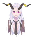  1girl absurdres breasts collared_shirt earrings forehead highres horns jewelry long_hair looking_at_viewer nagisa_kurousagi necktie open_clothes original pointy_ears shirt smile solo violet_eyes white_background white_hair 