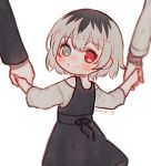  1girl black_dress black_hair blush bow bowtie bracelet closed_mouth dress eyebrows_visible_through_hair grey_eyes grey_hair hair_between_eyes hand_holding heterochromia hn_(artist) jewelry kaneki_ichika light_smile long_sleeves looking_at_viewer multicolored_hair red_eyes shiny shiny_hair shirt short_hair signature simple_background smile spoilers standing tokyo_ghoul two-tone_hair white_background 