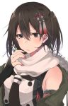 1girl bare_shoulders black_neckwear brown_hair closed_mouth detached_sleeves eyebrows_visible_through_hair hair_between_eyes hair_ornament kantai_collection long_sleeves looking_at_viewer necktie rinto_(rint_rnt) scarf sendai_(kantai_collection) sleeves_past_wrists solo tassel two_side_up upper_body white_scarf 