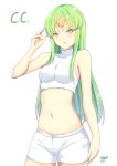  1girl 2017 :d artist_name breasts c.c. character_name code_geass crop_top facial_mark green_hair highres kauru00 long_hair looking_at_viewer medium_breasts midriff navel open_mouth shiny shiny_hair short_shorts shorts simple_background sleeveless smile solo standing stomach very_long_hair white_background white_shorts yellow_eyes 