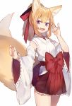  1girl :3 :d \n/ animal_ears bangs bare_shoulders blonde_hair bow breasts cowboy_shot detached_sleeves fang fox_ears fox_tail hair_ribbon hakama_skirt hand_up japanese_clothes long_hair long_sleeves looking_at_viewer open_mouth original pleated_skirt ponytail red_bow red_ribbon red_skirt ribbon ribbon_trim shugao sidelocks simple_background skirt small_breasts smile solo standing tail thick_eyebrows violet_eyes white_background wide_sleeves 