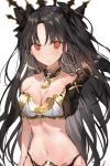  1girl asymmetrical_sleeves black_bow black_hair black_sleeves bow bra breasts choker cleavage collarbone detached_sleeves earrings eyebrows_visible_through_hair fate/grand_order fate_(series) floating_hair hair_between_eyes hair_bow highres ishtar_(fate/grand_order) jewelry long_hair long_sleeves looking_at_viewer medium_breasts navel red_eyes simple_background sketch solo strapless strapless_bra underwear upper_body very_long_hair white_background yuuko_(030_yuko) 