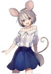  1girl :d animal_ears bangs blue_skirt collared_shirt cowboy_shot cropped_legs dress_shirt eyebrows_visible_through_hair grey_hair hair_between_eyes head_tilt mouse_ears mouse_girl mouse_tail off-shoulder_shirt open_mouth original pleated_skirt puffy_short_sleeves puffy_sleeves red_eyes round_teeth shirt short_hair short_sleeves shugao simple_background skirt smile solo standing tail teeth upper_teeth white_background white_shirt 