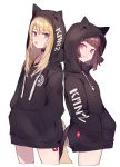  2girls :p animal_hood bangs black_choker black_hair black_hoodie blonde_hair blunt_bangs cat_tail choker closed_mouth clothes_writing cropped_legs drawstring eyebrows_visible_through_hair fox_tail hands_in_pockets head_tilt hood hoodie kmnz long_hair looking_at_viewer matching_outfit mc_lita mc_liz multiple_girls pink_eyes short_hair shugao side-by-side sidelocks simple_background smile tail tongue tongue_out v-shaped_eyebrows violet_eyes virtual_youtuber white_background 
