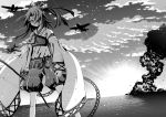  1girl aircraft akaneharu_ohkami bow_(weapon) clenched_hand closed_mouth clouds cloudy_sky explosion expressionless greyscale hachimaki hair_over_one_eye headband high_ponytail holding holding_bow_(weapon) holding_weapon japanese_clothes kantai_collection kimono long_sleeves monochrome muneate ocean outdoors propeller ribbon-trimmed_sleeves ribbon_trim shorts silhouette sky smoke solo sunlight water weapon wide_sleeves zuihou_(kantai_collection) 
