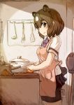  1girl animal_ears apron bear_ears bear_paw_hammer bear_tail bike_shorts bow bowtie brown_bear_(kemono_friends) brown_eyes brown_hair carrot collared_shirt commentary_request cooking cowboy_shot cutting_board extra_ears eyebrows_visible_through_hair highres kemono_friends knife multicolored_hair okyao pleated_skirt pot shirt short_hair short_sleeves shorts shorts_under_skirt skirt solo tail weapon white_hair 