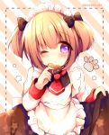  1girl ;o alternate_costume apron azur_lane bangs black_bow blush bow brown_dress chocolate chocolate_heart commentary_request diagonal-striped_background diagonal_stripes dotted_line dress enmaided eyebrows_visible_through_hair fingernails food frilled_apron frills hair_between_eyes hair_bow haru_ichigo heart holding holding_food long_sleeves looking_at_viewer maid maid_apron maid_headdress norfolk_(azur_lane) one_eye_closed parted_lips red_neckwear shirt sidelocks skirt_hold sleeveless sleeveless_dress solo star striped striped_background twitter_username two_side_up violet_eyes white_apron white_shirt 
