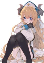  1girl bangs blonde_hair breasts draph eip_(pepai) gloves granblue_fantasy horns juliet_sleeves large_breasts long_hair long_sleeves pointy_ears puffy_sleeves rastina sitting thigh-highs very_long_hair 