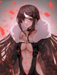  1girl bangs breasts brown_hair center_opening choker cleavage consort_yu_(fate) ear_piercing fangs fate/grand_order fate_(series) fur_collar glitch grey_background hair_between_eyes highres large_breasts long_hair looking_at_viewer navel piercing rory sidelocks simple_background upper_body 