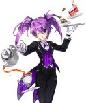  1girl ;o aisha_(elsword) black_pants bow butler cowboy_shot cup dress_shirt elsword hair_between_eyes hair_bow holding holding_plate long_hair mow1337 one_eye_closed pants plate purple_bow purple_hair shiny shiny_hair shirt solo standing striped teacup teapot transparent_background twintails vertical-striped_pants vertical_stripes violet_eyes white_shirt 