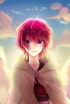  1girl akatsuki_no_yona ayaring blue_sky blurry blurry_background character_name cloak clouds day earrings hair_between_eyes highres jewelry looking_at_viewer outdoors redhead short_hair sky smile solo upper_body violet_eyes yona_(akatsuki_no_yona) 