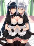  2girls apron asymmetrical_docking black_hair black_legwear blurry blurry_background bow bowtie breast_press breasts cleavage_cutout depth_of_field from_side garter_straps hand_holding highres indoors interlocked_fingers kneeling large_breasts long_hair looking_at_viewer maid maid_headdress multiple_girls nail_polish original parted_lips prime sidelocks silver_hair smile thigh-highs waist_apron wrist_cuffs yellow_eyes zettai_ryouiki 
