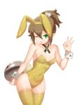  1girl animal_ears brown_hair bunny_girl bunny_tail bunnysuit covered_navel detached_collar esaka fake_animal_ears green_eyes jewelry leotard long_hair necklace octopath_traveler ok_sign one_eye_closed rabbit_ears short_hair simple_background smile solo strapless strapless_leotard tail thigh_highs tressa_(octopath_traveler) wrist_cuffs 