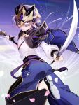  1boy blue_eyes closed_mouth dual_wielding fate/grand_order fate_(series) gao_changgong_(fate) gloves highres holding holding_sword holding_weapon horned_headwear looking_at_viewer male_focus mask migi12hidari8 short_hair silver_hair solo sword weapon 