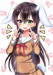  1girl :d animal_ears bang_dream! bangs black_hair blush brown_dress bunny_background bunny_tail commentary_request double-breasted dress green_eyes hair_between_eyes hanazono_tae hands_up highres kemonomimi_mode kiriya_(nesucha) long_hair long_sleeves neck_ribbon notice_lines open_mouth pointing pointing_at_self rabbit_ears red_neckwear ribbon sailor_dress smile solo tail 