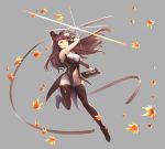  1girl black_bow black_legwear blake_belladonna bow breasts brown_hair dual_wielding floating_hair full_body grey_background hair_bow highres holding holding_sword holding_weapon kometukimushi leaf leg_up long_hair maple_leaf medium_breasts midriff navel orange_eyes pantyhose pantyhose_under_shorts rwby short_shorts shorts simple_background sleeves solo stomach sword very_long_hair weapon white_shorts 