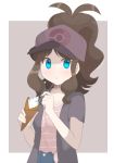  1girl alternate_costume aqua_eyes baseball_cap border brown_hair chocomiru commentary creatures_(company) english_commentary eyebrows_visible_through_hair food_request game_freak hat high_ponytail holding long_hair looking_at_viewer nintendo outside_border poke_ball_print pokemon pokemon_(game) pokemon_bw print_hat raised_eyebrows short_sleeves sidelocks sketch_eyebrows solo touko_(pokemon) white_border 