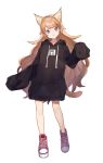  1girl :3 animal_ears bare_legs black_hoodie blue_eyes cat_ears cat_tail clothes_writing full_body hood hood_down hoodie light_brown_hair long_hair long_sleeves naked_hoodie no_pants original oversized_clothes pink_footwear pullover shoes shugao simple_background sleeves_past_wrists tail very_long_hair white_background 