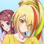  2girls ahoge blonde_hair blue_eyes bow collarbone eyebrows_visible_through_hair eyes_visible_through_hair hair_over_one_eye highres long_hair looking_at_viewer minamoto_sakura multicolored_hair multiple_girls nikaidou_saki open_mouth polka_dot polka_dot_bow redhead shirt streaked_hair t-shirt yellow_eyes zombie_land_saga 