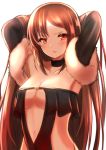  1girl absurdres asymmetrical_bangs bangs black_choker black_dress blush breasts brown_hair choker cleavage collarbone commentary_request consort_yu_(fate) dress eyebrows_visible_through_hair fate/grand_order fate_(series) fur_trim head_tilt highres long_hair medium_breasts navel parted_lips red_eyes shibakame simple_background solo strapless strapless_dress very_long_hair white_background 