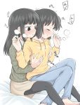  2girls bangs bernard-jou_iwaku. black_hair blunt_bangs blush groping heavy_breathing kanbayashi_shiori long_hair machida_sawako meis_(terameisu) multiple_girls pants pantyhose shirt sitting sitting_on_lap sitting_on_person skirt sweater yuri 