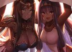  2girls animal_ears arm_up arm_wrap armlet armpits bandage bandaged_arm bandages bangs bare_shoulders black_hair blanket blue_armor blunt_bangs blush breastplate breasts chains circlet closed_mouth collarbone commentary_request dark_skin dolce_(dolsuke) earrings facepaint facial_mark fate/grand_order fate_(series) feathers forehead_jewel green_eyes hair_between_eyes hair_tubes hairband highres hoop_earrings jackal_ears jewelry large_breasts long_hair looking_at_viewer low-tied_long_hair multiple_girls necklace nitocris_(fate/grand_order) nitocris_(swimsuit_assassin)_(fate) one-piece_swimsuit open_mouth parted_bangs pauldrons purple_hair revision scheherazade_(fate/grand_order) sidelocks smile swimsuit very_long_hair violet_eyes white_swimsuit 