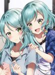  2girls :d aqua_hair bang_dream! blue_shirt blush bow cellphone collarbone fang frown green_eyes hair_bow hand_on_another&#039;s_shoulder highres hikawa_hina hikawa_sayo holding holding_phone jewelry long_hair mia_(fai1510) multiple_girls necklace open_mouth phone plaid plaid_shirt shirt short_hair short_sleeves siblings side_braids sisters smartphone smile twins upper_body v-shaped_eyebrows white_shirt yellow_bow 