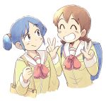  2girls ^_^ aioi_yuuko backpack bag blue_eyes blue_hair blush brown_hair closed_eyes closed_eyes closed_mouth double_v eyebrows_visible_through_hair facing_another grin looking_at_another multiple_girls naganohara_mio nichijou parted_lips school_uniform short_hair short_twintails smile teeth tsubobot twintails v 