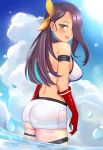  1girl ass azur_lane blue_hair blue_sky blush breasts brown_hair clouds cloudy_sky commentary_request dark_skin day elbow_gloves gloves green_eyes hair_over_one_eye hair_ribbon highres leng_xiao looking_at_viewer looking_back medium_breasts midriff multicolored_hair northampton_(zhan_jian_shao_nyu) outdoors parted_lips red_gloves ribbon short_shorts shorts sky solo standing sun sunlight two-tone_hair wading water water_drop white_shorts yellow_ribbon 