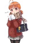  1girl ahoge bag bag_charm bangs black_legwear blush brown_hair brown_scarf charm_(object) coat commentary_request eyebrows_visible_through_hair fringe_trim fur-trimmed_mittens grey_skirt head_tilt love_live! love_live!_sunshine!! low_twintails mittens pantyhose parted_lips plaid plaid_scarf pleated_skirt red_coat red_eyes scarf school_bag simple_background sin_(sin52y) skirt solo takami_chika twintails white_background white_mittens 