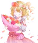  attyuntyun915 bare_shoulders blonde_hair blurry blush bouquet closed_eyes commentary_request cowboy_shot daisy depth_of_field facing_viewer flandre_scarlet flower frilled_sleeves frills grin hair_between_eyes hair_ribbon head_wreath holding holding_bouquet no_hat no_headwear no_wings petals pink_flower pink_rose raglan_sleeves red_flower red_rose red_skirt red_vest ribbon rose side_ponytail simple_background skirt smile standing symbol_commentary touhou vest white_background white_flower white_rose white_sleeves 