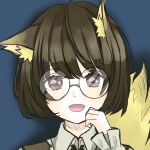  1other androgynous animal_ears bangs black_hair blue_eyes blunt_bangs bob_cut fay_(jinrou_judgment) glasses jinrou_judgment looking_at_viewer round_eyewear shirt smile solo tail wolf_ears wolf_tail yuyuno_(zwmy4875) 