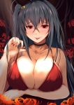  1girl :p ahoge azur_lane black_hair blush breast_hold breasts choker cleavage collarbone dress hair_ornament kanzaki_kureha large_breasts long_hair looking_at_viewer nail_polish one_side_up red_dress red_eyes smile solo strap_pull taihou_(azur_lane) tongue tongue_out 