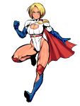  1girl blonde_hair blue_eyes blue_gloves boots breasts cape cleavage cleavage_cutout clenched_hand dc_comics elbow_gloves forehead full_body gloves highres knee_boots knee_pads large_breasts leotard looking_at_viewer nisetanaka power_girl short_hair smile solo superhero thick_thighs thighs white_background 