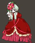  1girl arms_behind_back chino_machiko closed_mouth dress empty_eyes flower full_body green_hair grey_background hair_flower hair_ornament juliet_sleeves leaf long_dress long_sleeves looking_at_viewer low_twintails original puffy_sleeves red_dress red_flower simple_background solo standing twintails violet_eyes 