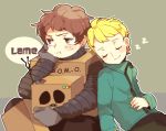  2boys blonde_hair blush brown_hair closed_eyes costume eric_cartman leopold_stotch lying_on_person male_focus multiple_boys short_hair smile south_park sweatdrop yoyterra zzz 