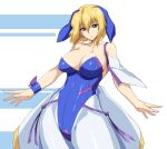  1girl animal_ears bare_shoulders blonde_hair blue_leotard bnc_(bunshi) breasts cleavage fake_animal_ears gundam gundam_seed gundam_seed_destiny large_breasts leotard looking_at_viewer pantyhose parted_lips rabbit_ears shiny shiny_clothes shiny_hair shiny_skin short_hair simple_background skirt solo standing stellar_loussier strapless strapless_leotard violet_eyes white_background 