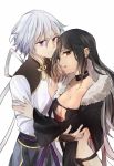  1boy 1girl black_choker black_dress black_hair black_jacket breasts chinese_clothes choker cleavage closed_mouth collarbone consort_yu_(fate) dress earrings eyebrows_visible_through_hair fate/grand_order fate_(series) fur-trimmed_jacket fur_trim gao_changgong_(fate) hair_between_eyes hand_on_another&#039;s_arm hand_on_another&#039;s_chest hug jacket jewelry long_hair looking_at_viewer medium_breasts red_eyes simple_background tsengyun violet_eyes white_background white_hair 