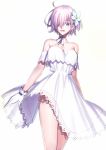  1girl :d arm_strap breasts choker cleavage collarbone dress eyebrows_visible_through_hair fate/grand_order fate_(series) flower gloves hair_between_eyes hair_flower hair_ornament looking_at_viewer mash_kyrielight medium_breasts open_mouth pink_hair sen_(77nuvola) short_dress short_hair simple_background sleeveless sleeveless_dress smile solo standing striped striped_dress violet_eyes white_background white_dress white_flower white_gloves 