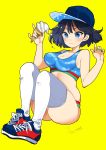  1girl ass bare_shoulders baseball_cap black_hair blue_eyes blush breasts cleavage food food_on_face full_body green_nails hat highres ice_cream medium_breasts mojarin_(kihara_mojarin) nail_polish original shoes simple_background sitting sneakers solo thigh-highs white_legwear yellow_background 