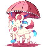  ;) absurdres artist_name blue_eyes blue_sclera bow commentary creatures_(company) fang game_freak gen_6_pokemon heart highres nintendo no_humans number one_eye_closed parasol pokemon pokemon_(creature) pokemon_number prehensile_ribbon purpleninfy ribbon shadow smile standing sylveon transparent_background umbrella 