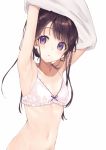  1girl armpits arms_up bra breasts brown_hair dutch_angle eyebrows_visible_through_hair long_hair looking_at_viewer navel original parted_lips rimo shirt_lift simple_background small_breasts solo underwear undressing violet_eyes white_background white_bra 