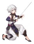  1boy blue_eyes elbow_gloves fate/grand_order fate_(series) gao_changgong_(fate) gloves hair_between_eyes highres holding holding_sword holding_weapon male_focus open_mouth short_hair silver_hair simple_background solo sword tki_716 weapon 