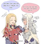  2girls armor blonde_hair blue_eyes blush bodysuit breastplate breasts brown_eyes cape cosplay costume_switch dark_skin elma_(xenoblade_x) fire_emblem fire_emblem_echoes:_mou_hitori_no_eiyuuou gloves hair_ornament helmet highres jewelry long_hair matilda_(fire_emblem) multiple_girls nintendo open_mouth polearm seiyuu_connection shirohunter simple_background smile weapon white_hair xenoblade_(series) xenoblade_chronicles_x 