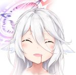  1girl blood closed_eyes halo ikasoke_(likerm6au) long_hair lowres magic_circle no_game_no_life open_mouth silver_hair smile solo wing_ears 