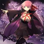  1girl bangs bb_(fate)_(all) bb_(fate/extra_ccc) black_cape black_footwear black_skirt boots bow breasts cape chains eyebrows_visible_through_hair fate/extra fate/extra_ccc fate_(series) floating_hair grin hair_bow high-waist_skirt holding holding_weapon index_finger_raised kosumi large_breasts long_hair long_sleeves miniskirt neck_ribbon outstretched_arm petals pleated_skirt purple_hair red_bow red_ribbon ribbon shirt skirt smile solo standing thigh-highs thigh_boots very_long_hair violet_eyes weapon white_shirt wide_sleeves zettai_ryouiki 