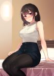  1girl :| absurdres bangs bare_shoulders black_legwear blue_shorts blurry blurry_background blush breasts brown_hair buttons closed_mouth commentary_request feet_out_of_frame high-waist_shorts highres indoors kagematsuri large_breasts legs_together long_hair looking_at_viewer nose_blush on_bed original pantyhose ribbed_shirt shirt short_hair shorts sitting sleeveless sleeveless_shirt solo thighs violet_eyes white_shirt 